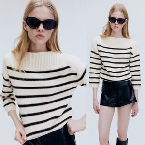 H&M Sz S Striped Boatneck Knit Crop Sweater 3/4 Sleeves Drop Shoulder Ribbed Hem